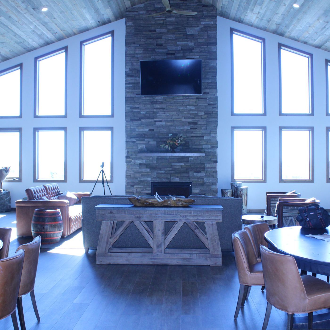 The stone fireplace in the lodge great room